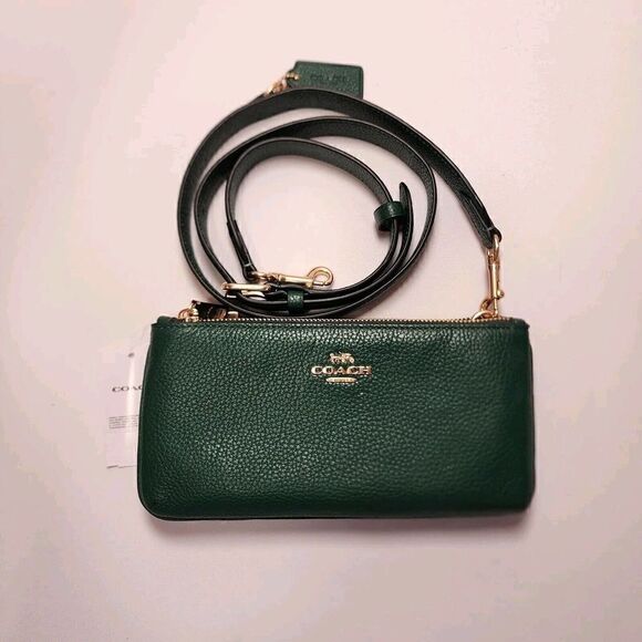 Coach Double Zip Crossbody in Refine Pebble Leather Clutch Dark Pine CJ789 NWT - Picture 1 of 6